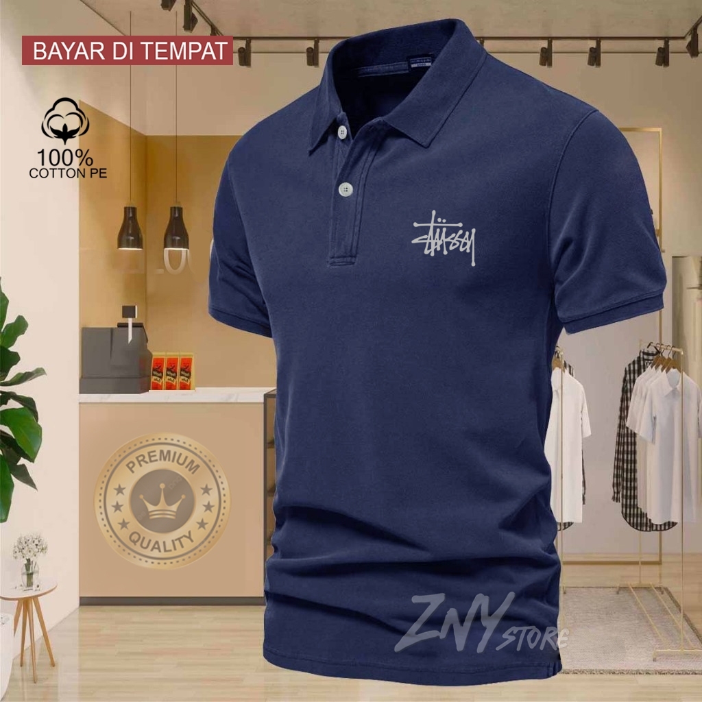 COD T-shrit POLO kerah Stussy logo Silver Baju Kaos Kerah Dewasa Shirt / Kaos Wangki Pria Polo / Kao