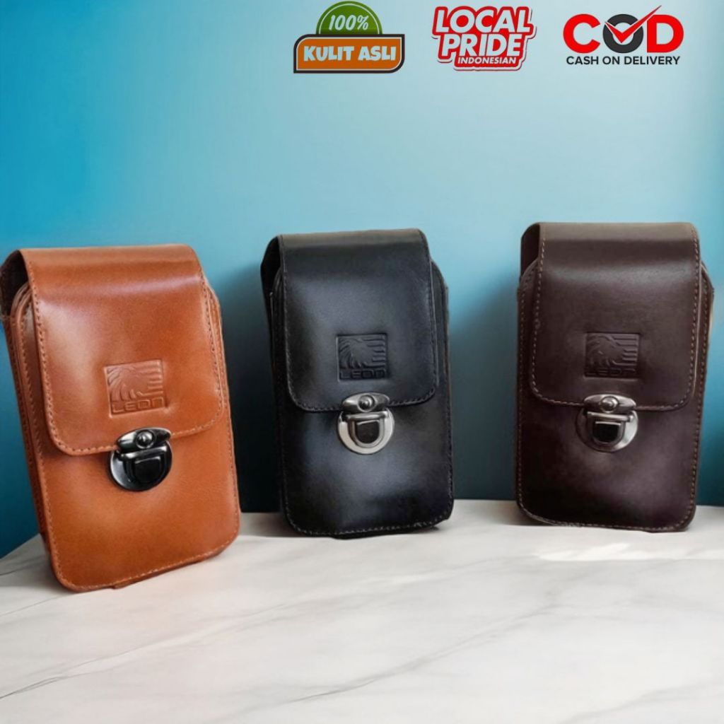 Sarung HP Dompet HP Pinggang 2 slot Kulit Asli Multifungsi Model Kancing