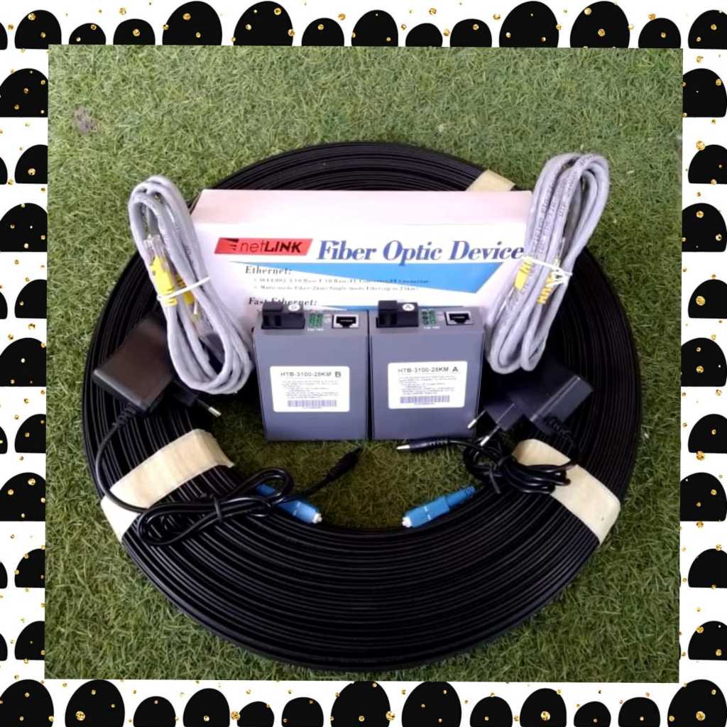 Paket kabel  fiber optik 225M dan sepasang netlink htb 3100 AB single mode 10/100 sepasang