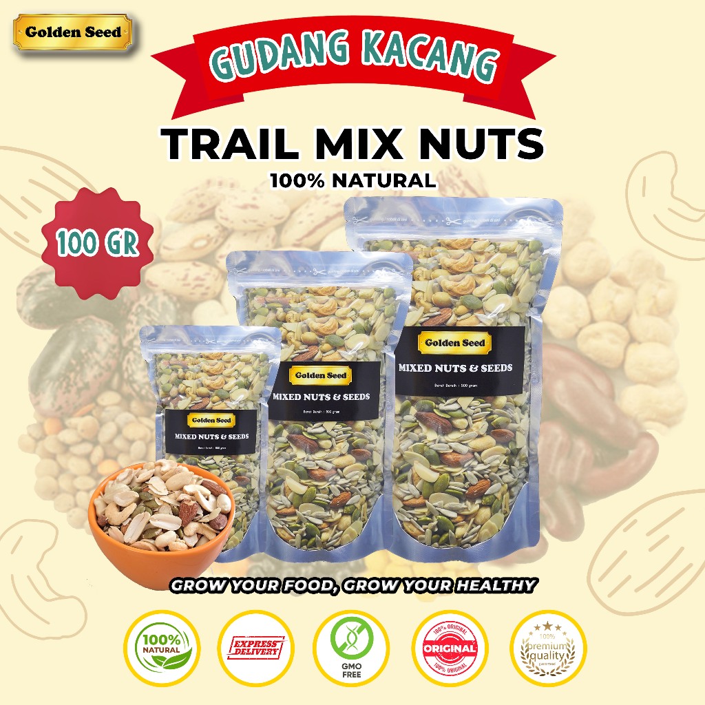 

TRAIL MIX GOLDENSEED 100GR/MIXED NUT ORGANIC 100 GR/roasted mixed nut premium 100 GRAM/trail mix cemilan sehat (Pumpkin seed panggang,kacang kupas panggang,mete panggang,almond slice panggang,almond panggang)