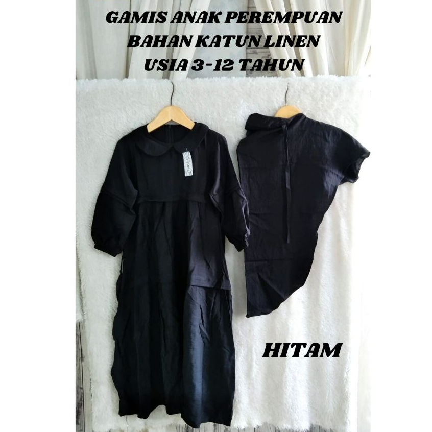Gamis Anak Warna Hitam Putih Usia 3-12 tahun / Baju Manasik Haji Anak Perempuan Bahan Katun Linen