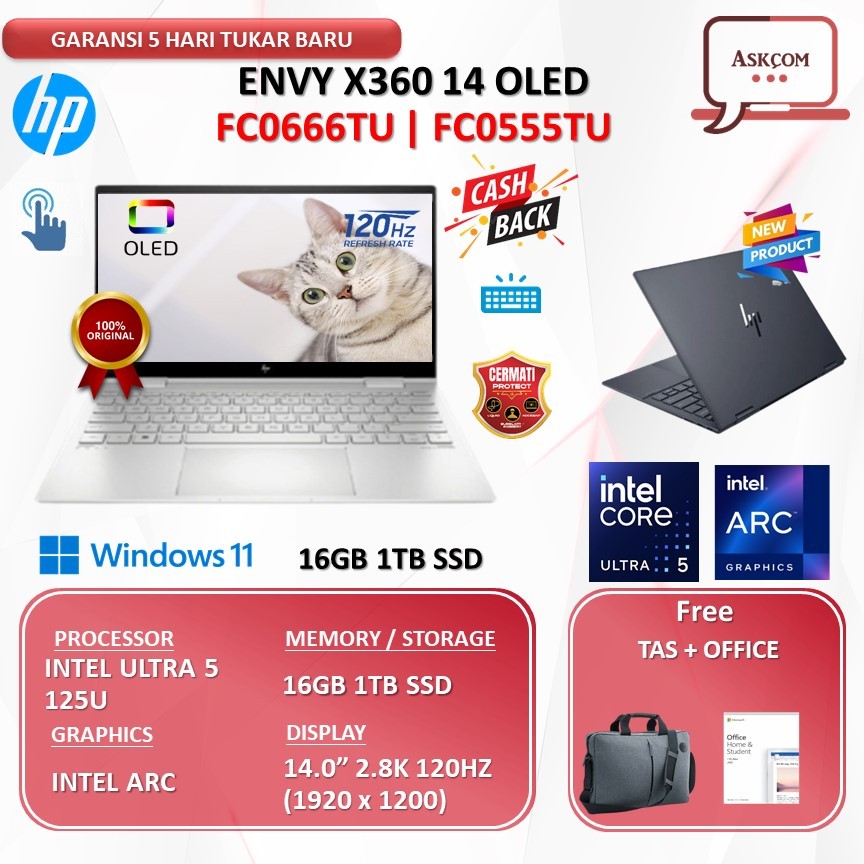 HP Envy X360 14 Oled  ULTRA 5 125U 16GB 1TB SSD W11 OHS21 14.0 2.8K 120HZ PEN FC0666TU | FC0555TU.