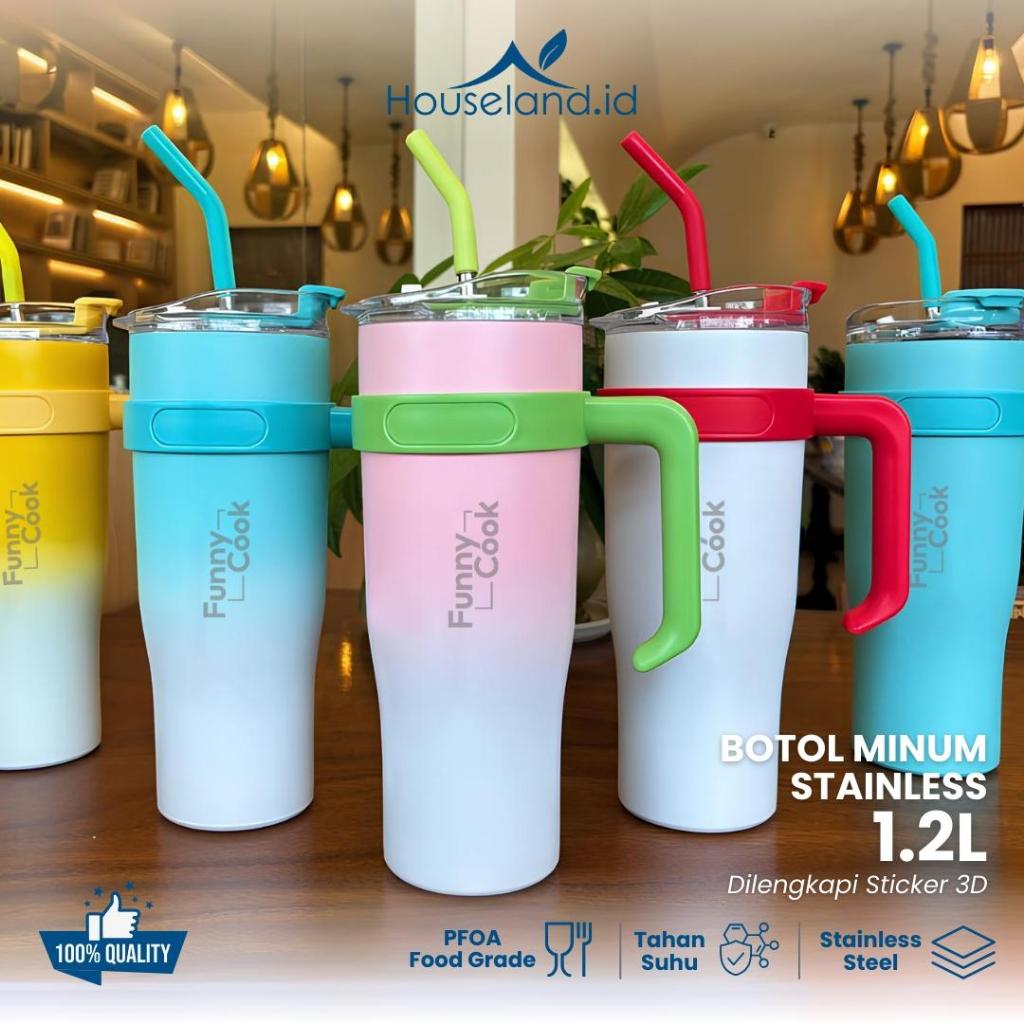 FUNNYCOOK Botol Minum Tumbler Ice Hot Stainless Steel ada Sedotan Tahan Panas Tahan Dingin 1200 ML