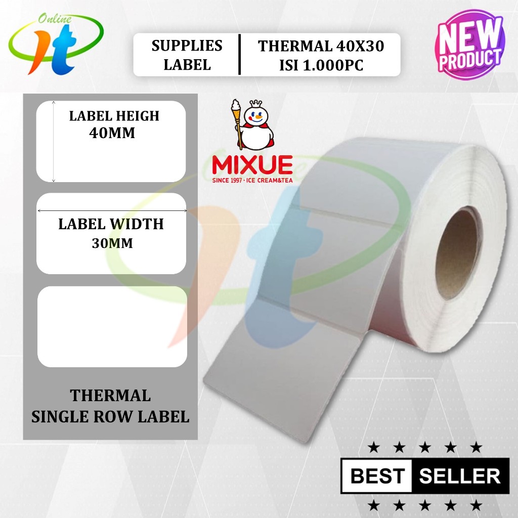 

Kertas Stiker Thermal 40x30 isi 1000 Label Thermal Mixue 40x30 Core 1 Inch
