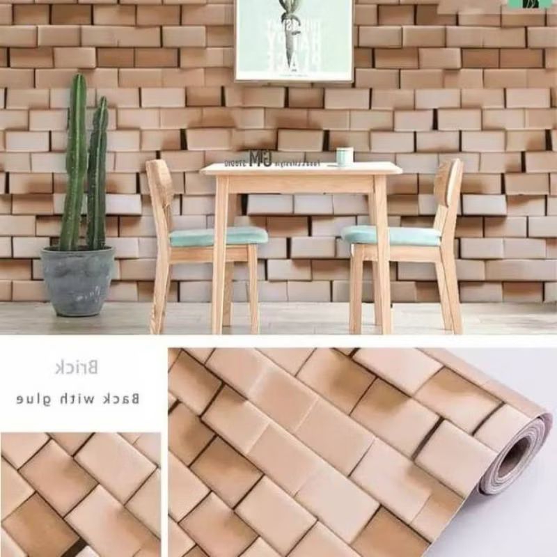 Wallpaper Sticker Dinding Batu Bata Coklat Muda 3D