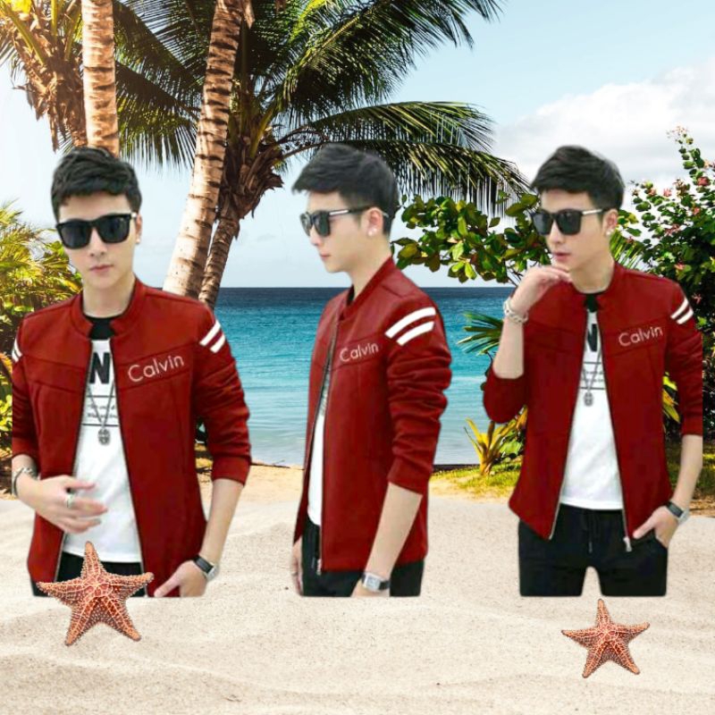 BISA COD BAJU JAKET CALVIN FASHION PRIA MODEL KOREA WARNA MERAH MAROON MARUN RED PAKAIAN LAKI LAKI C
