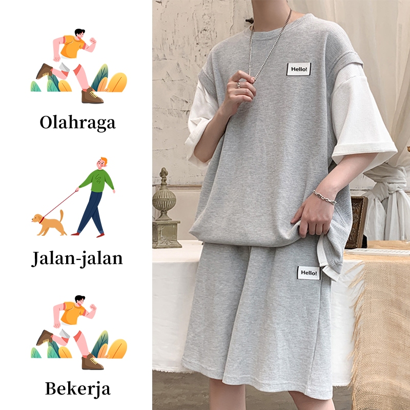 BIG PROMO BAJU SETELAN PRIA KAIN WAFEL KOREA STYLE OUTFIT OVERSIZE BAJU KOREA COWOK BAJU KOREAN
