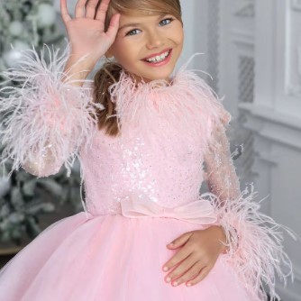 Gaun Anak Perempuan Lilac Arab Mewah Bulu Lengan Panjang Dubai Anak-anak Putri Ulang Tahun Pernikaha