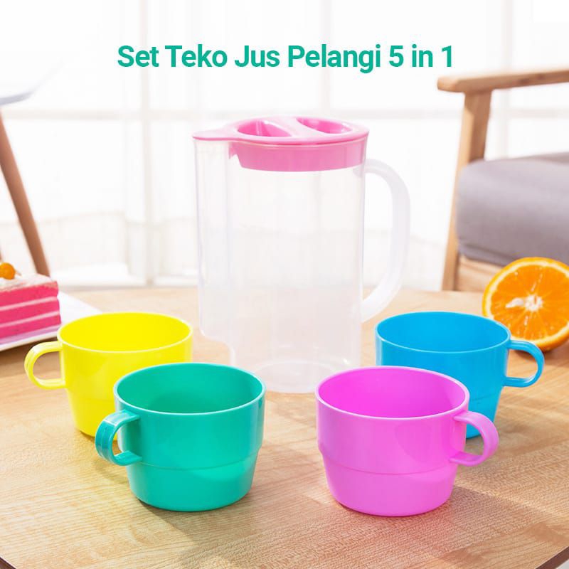 Teko Set 4 Cangkir - Teko Plastik Jus Teh Kopi - Teko Set Piknik Warna Warni