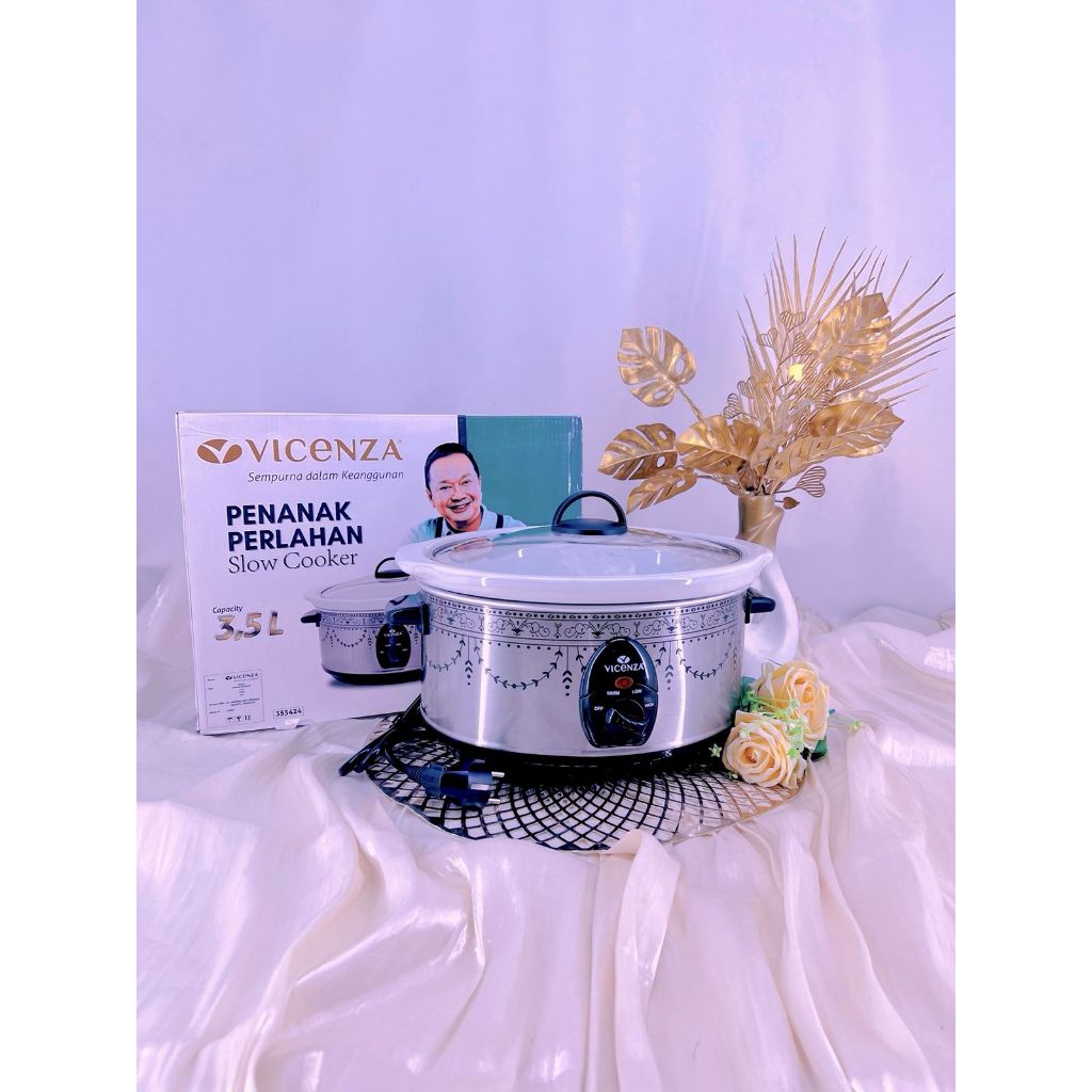 Penghangat Makanan/Tekwan Listrik Slow Cooker Vicenza 3,5 Liter Body Stainless Bermotif