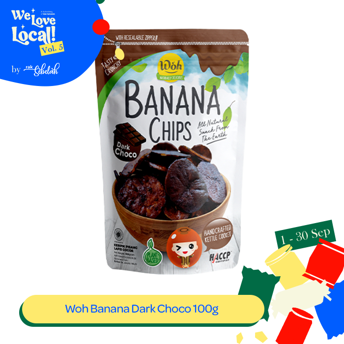 

Woh Banana Chips Dark Choco 100gr - Keripik Pisang Cokelat Kering | Gluten Free | Dried Fruit Less Oil | No MSG | Halal | Rak Sebelah