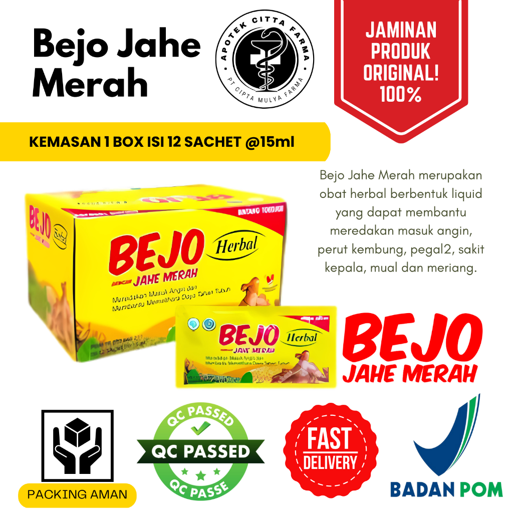 

Bejo Herbal Dengan Jahe Merah Bintang Toedjoe 1 Box Isi 12 Sachet 15 Ml