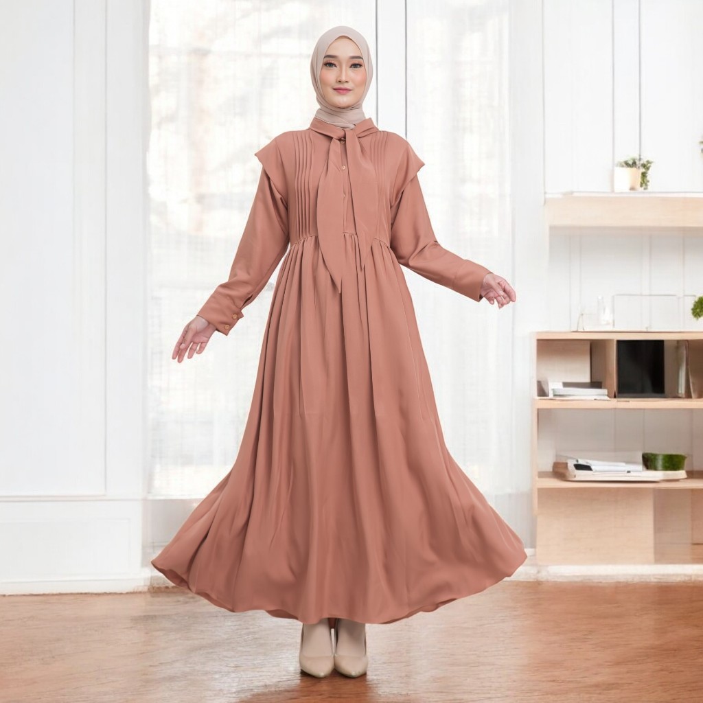 Mulan Dress Polos Mewah Elegant Gamis Wanita Kekinian Fashion Muslim Modern OOTD Hijab Korean Style