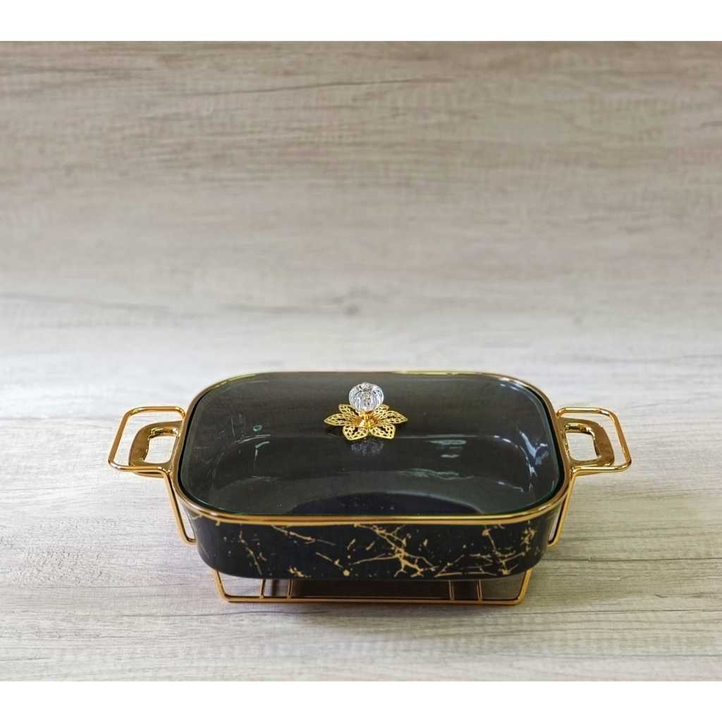 FOOD WARMER PICASSO WHITE MARBLE GOLD BULAT / PRASMANAN SEGI KERAMIK TUTUP KACA