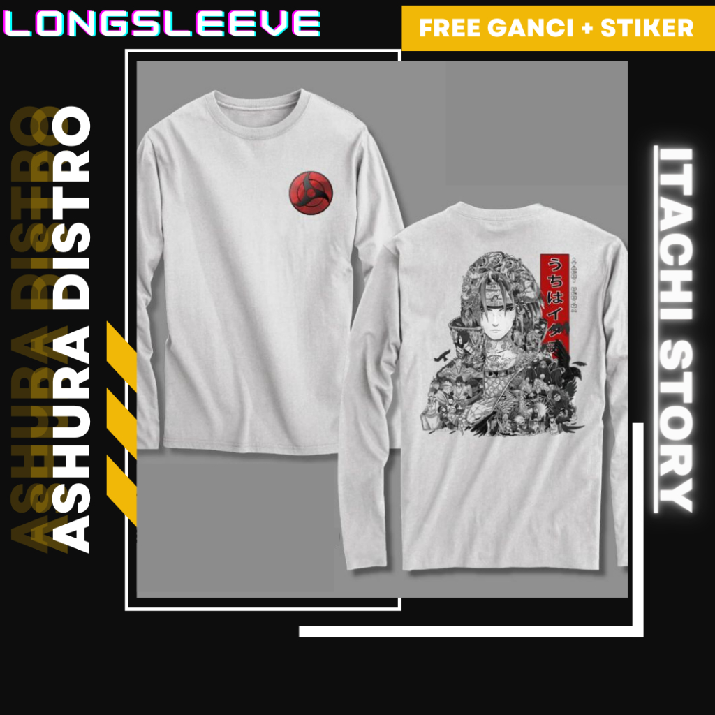 Kaos Anime Longsleeve Itachi Uchiha Hitam Putih Story Naruto Shippuden - Ashura