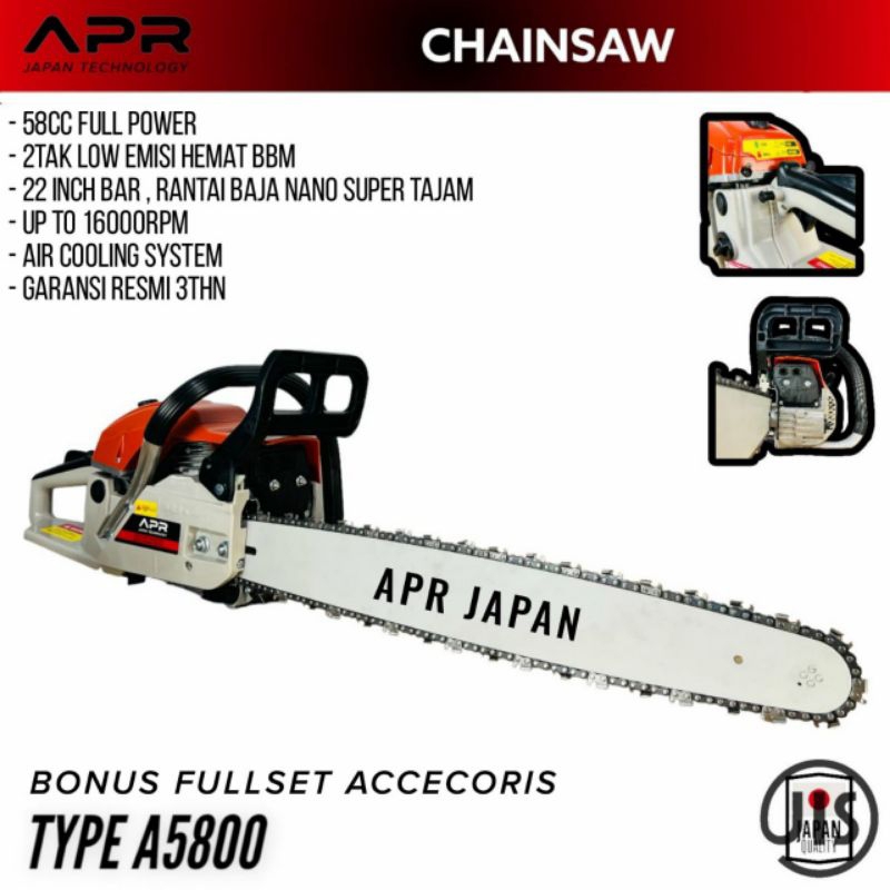 Chainsaw APR JAPAN 5800 22INCH chainsaw 2tak mesin senso gergaji kayu pohon SENSO KUAT JAPAN TEKNOLO