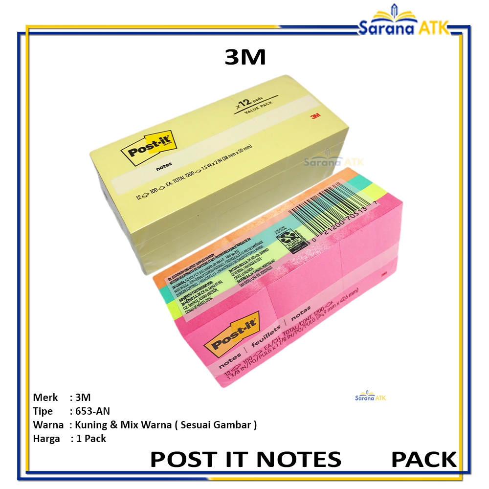 

3M - Post It Sticky Notes 653AN Mix Color & Yellow - Pack