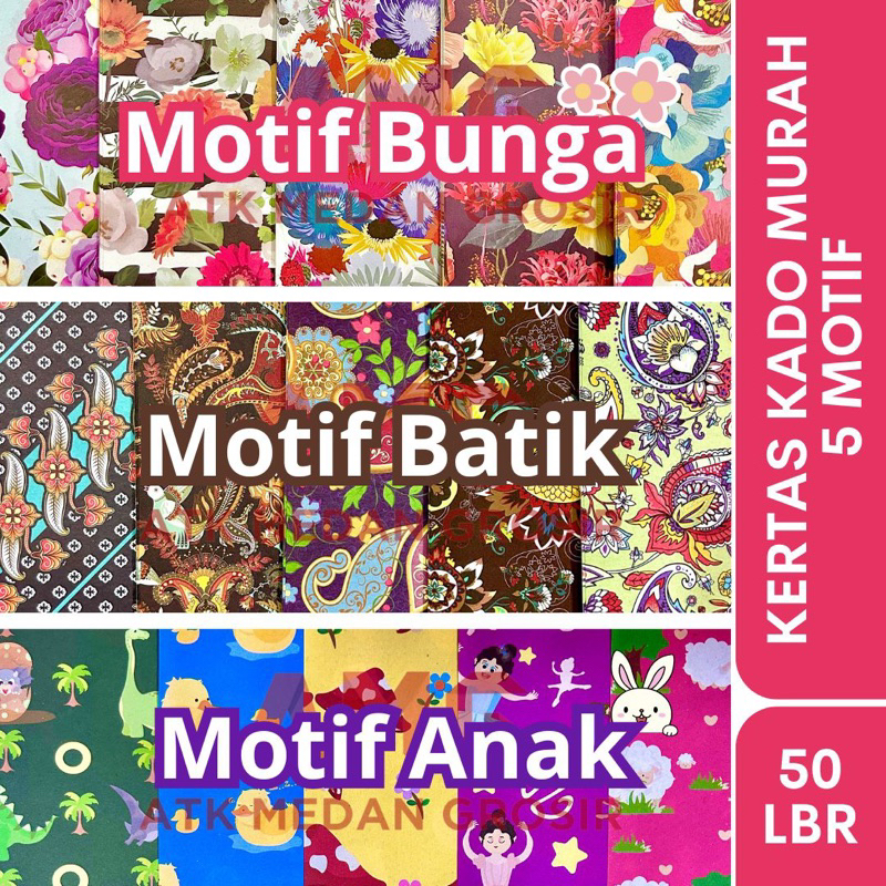 

Kertas kado MURAH banyak motif harga perbungkus 50lembar cuma