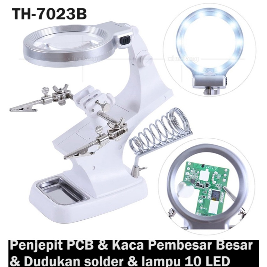 TH-7023B Penjepit PCB Kaca Pembesar Besar Dudukan solder lampu 10 LED tatakan kaki pemegang alat lem