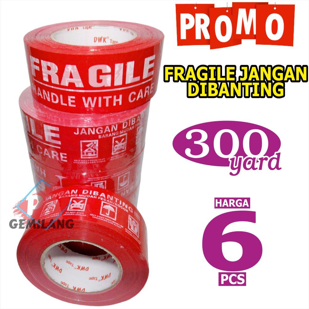 

Lakban Fragile 300 YARD FRAGILE Jangan Dibanting PANJANG 300 yard Harga UNTUK 6 PCS