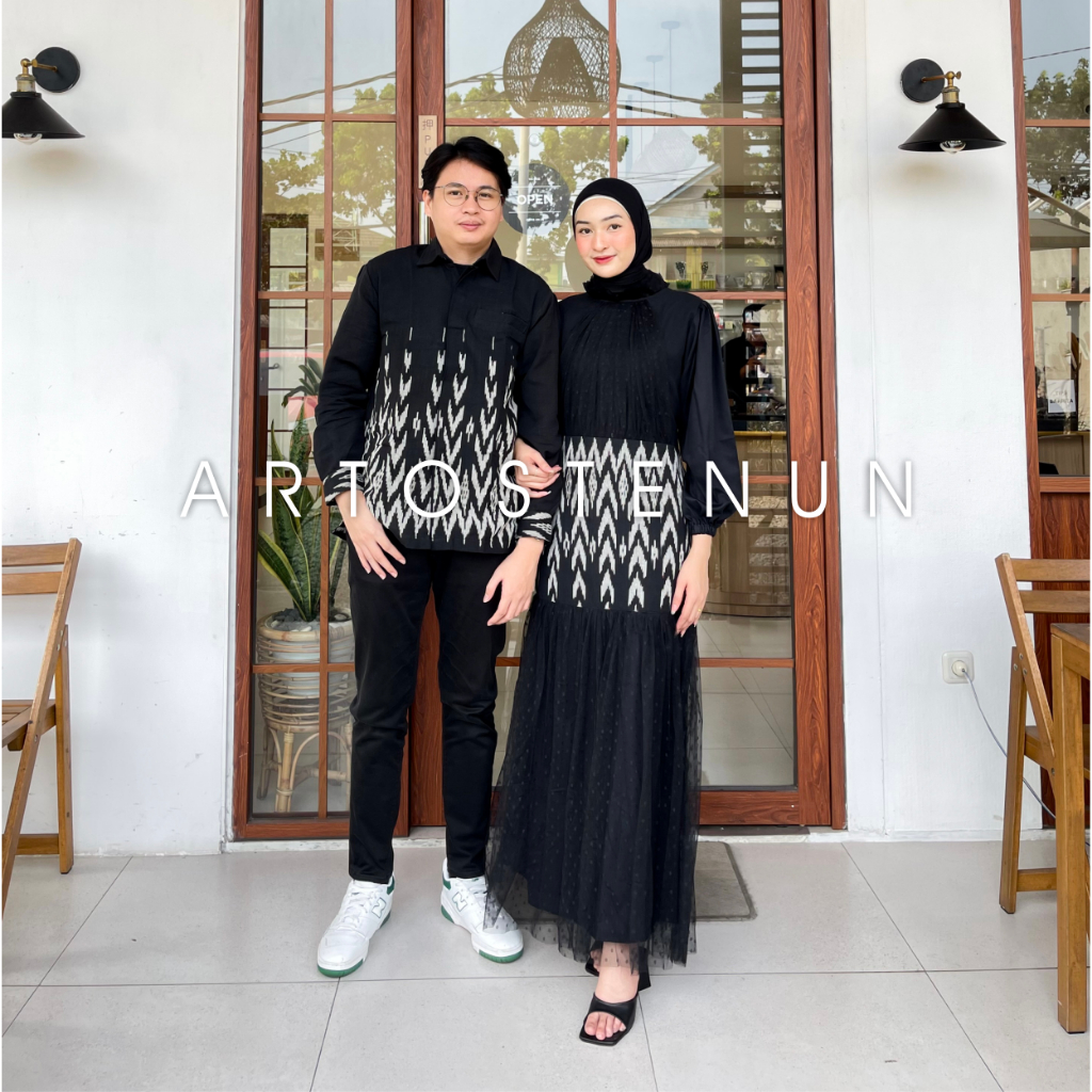 BAJU TENUN CAMELIA BLACK DRESS DAN KEMEJA - COUPLE BAJU KONDANGAN - COUPLE BAJU TENUN LAMARAN