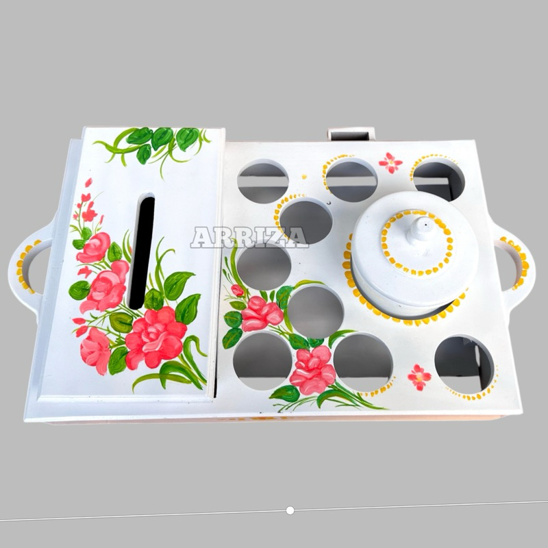 TEMPAT AQUA GELAS SET TOPLES + TEMPAT TISU Warna Putih  Shaby DARI KAYU JATI / Tempat Aqua Gelas Kay