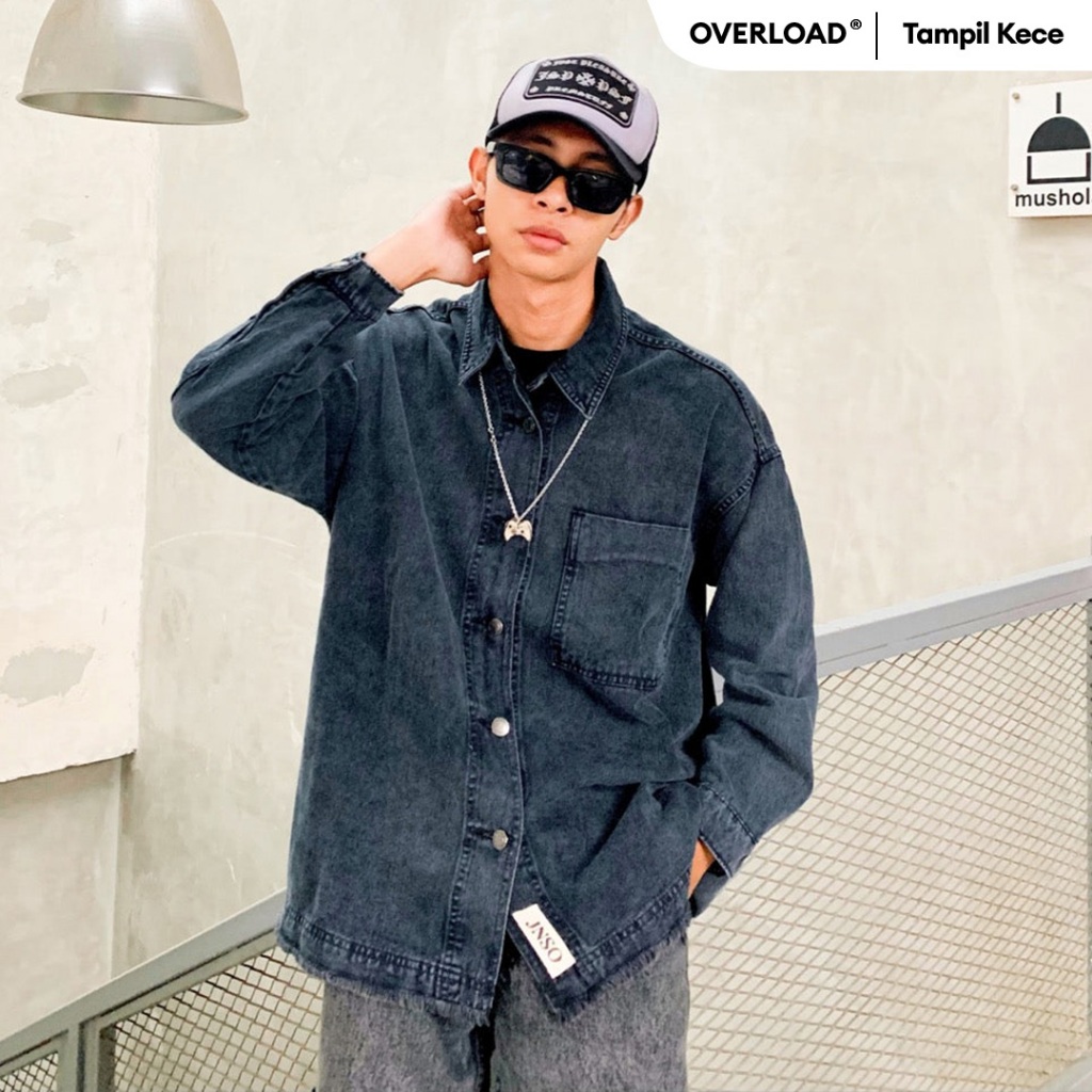 JINISO - Denim Pria Jaket Jeans Oversize Basic Pocket Black Acid