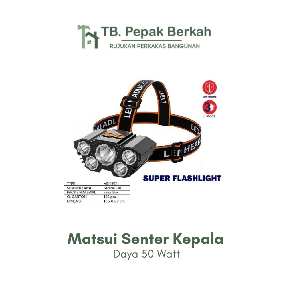 Head Lamp Senter Kepala 50 watt Rechargeable Mitsuyama