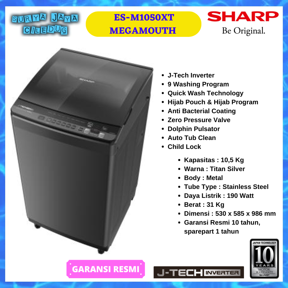 MESIN CUCI SHARP ES-M1050XT, ESM 1050 XT, ESM 1050 TOP LOADING J-TECH INVERTER 10,5 KG