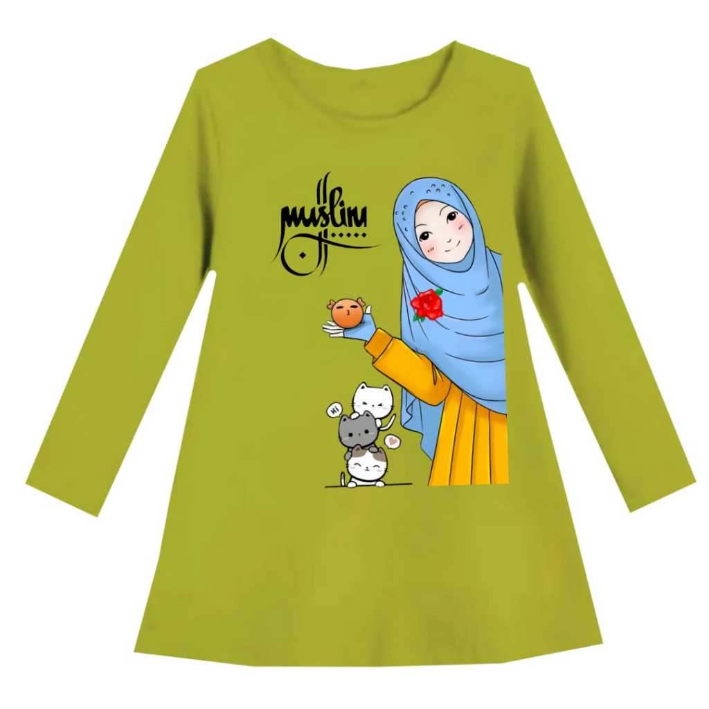 dress tunik anak cewek muslim lengan panjang katun babytery motif hijap muslim umur 3-13 tahun anak 