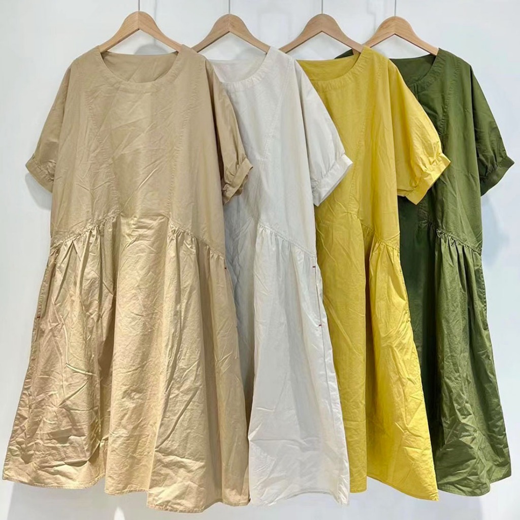 DRESS MIDI KATUN POPLIN PREMIUM COKLAT KREM KHAKI KUNING HIGHWAIST OVERSIZE DROP SHOULDER KOREA IMPO