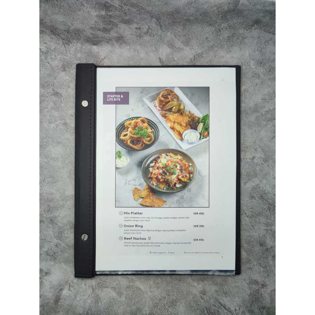 

Buku menu 1 muka untuk cafe,resto,hotel,kedai,dll.