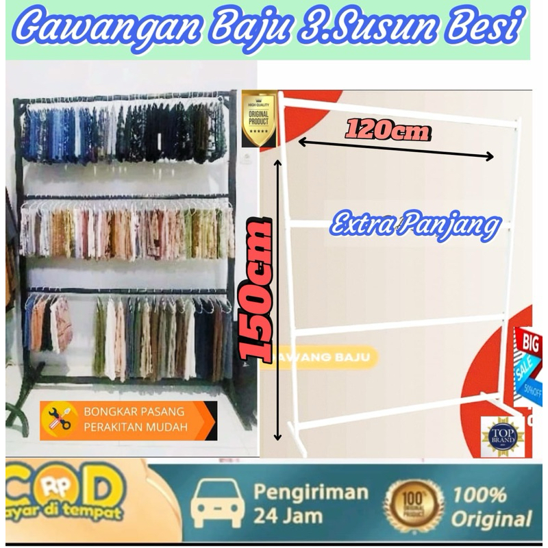 Promo Rak Baju Gantung3susun kuat Full besi/Gawangan baju besi/Rak gantungan baju