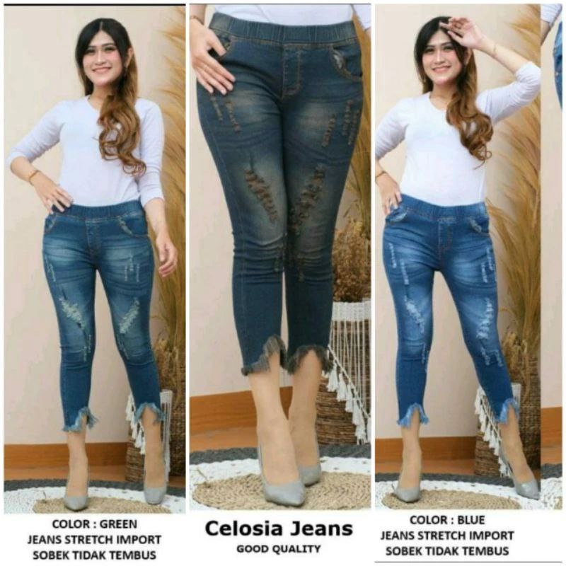 Celana Jeans Celosia 7/9 Bahan Jeans Melar Size 27-38 Pinggang Karet Terbaru