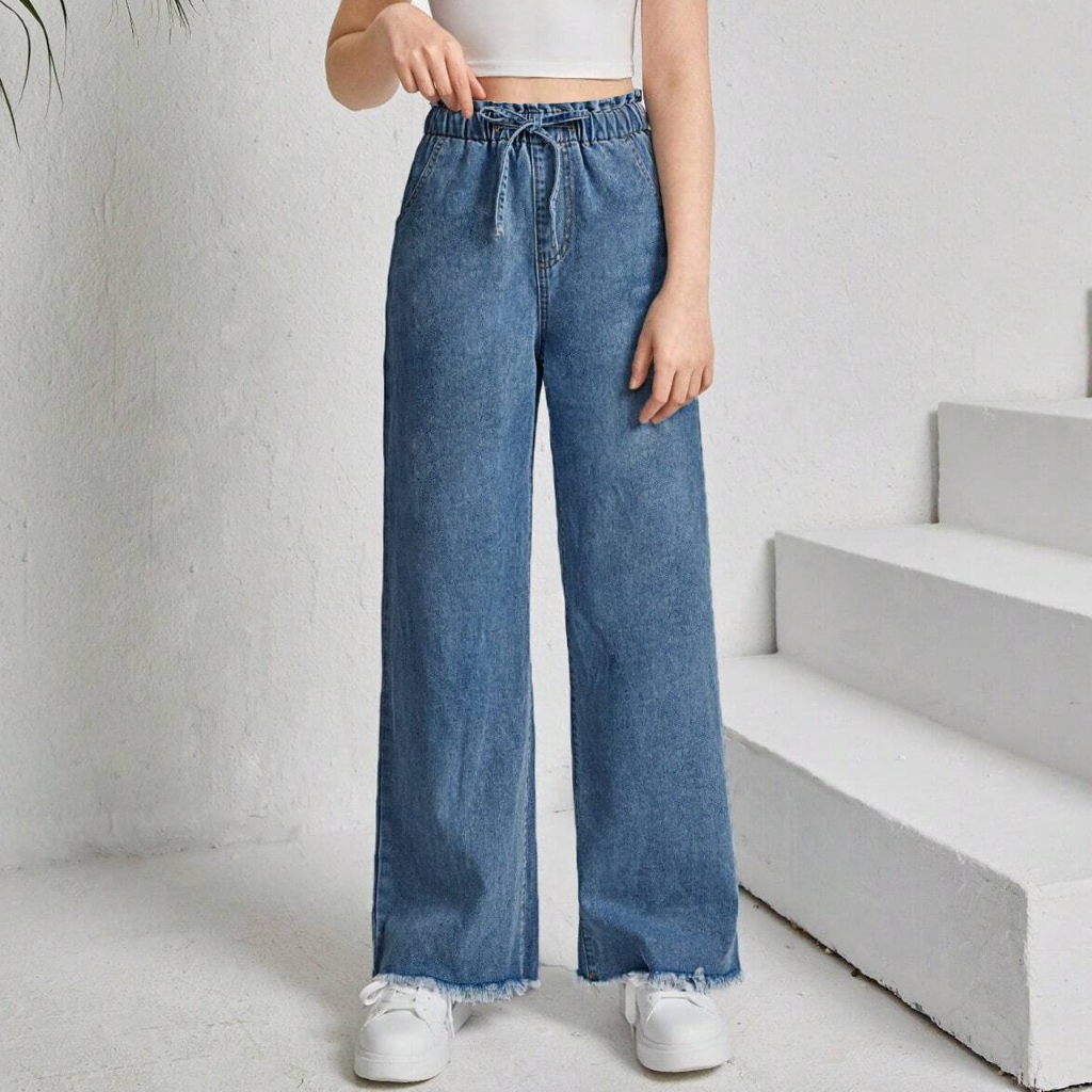 Burr Edge Jeans High Waist Elastic Waistband Frenulum Casual Loose Straight Baggy Jeans Wanita