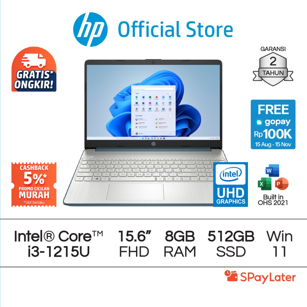 Cicilan Murah SPL - Laptop HP Intel Core i3 UHD 8GB RAM 512GB SSD Blue / Silver Windows 11 Home 15.6