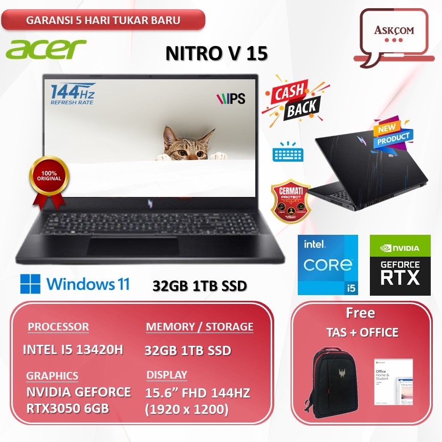 Acer Nitro V 15 I5 13420H RTX3050 6GB | 32GB 1TB SSD W11 OHS21 15.6FHD 144HZ BLIT 51.53WR