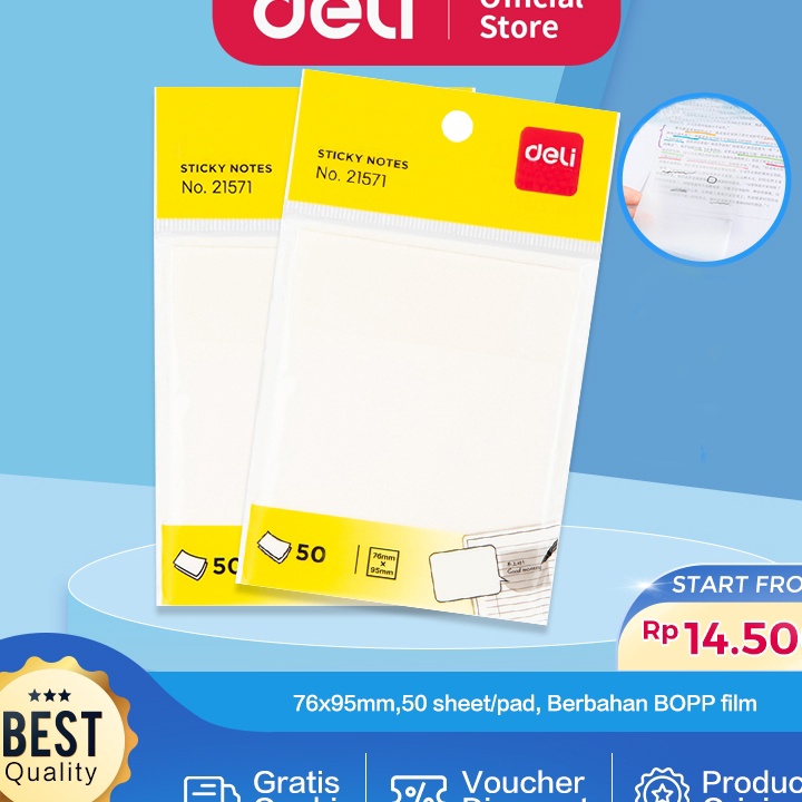 

SPESIAL AWAL TAHUN Deli Semitransparent Sticky Notes Memo Tempel Semi Transparan 76x95mm 5 LembarPad Lem Kuat 21571