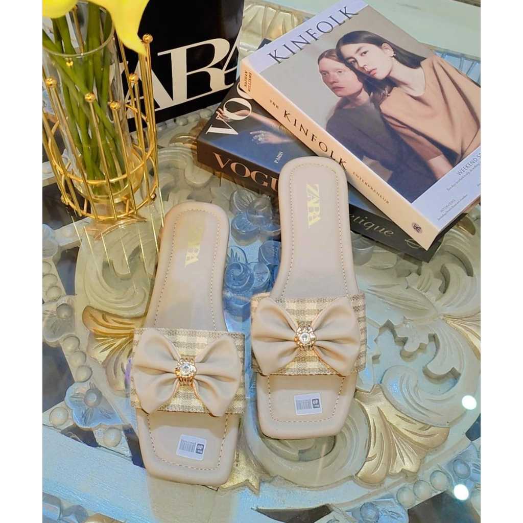 SANDAL ZARA SELOP FLAT PITA RAJUT KOTAK KOTAK IMUT CUTE KEKINIAN SUPER CANTIK KOREAN STYLE B12AHZ