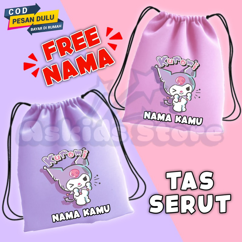 Tas Serut Anak Kuromi/Kantong Serut Anak Custom Nama & Ulang Tahun