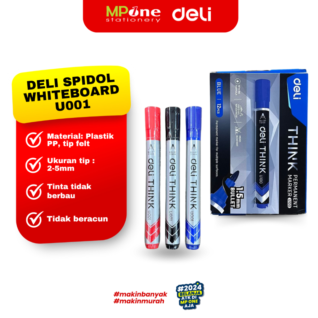 

(1 PCS) Deli Spidol Whiteboard Tinta Hitam/Merah/Biru U001/ Spidol Papan Tulis Non Permanent DELI THINK U001