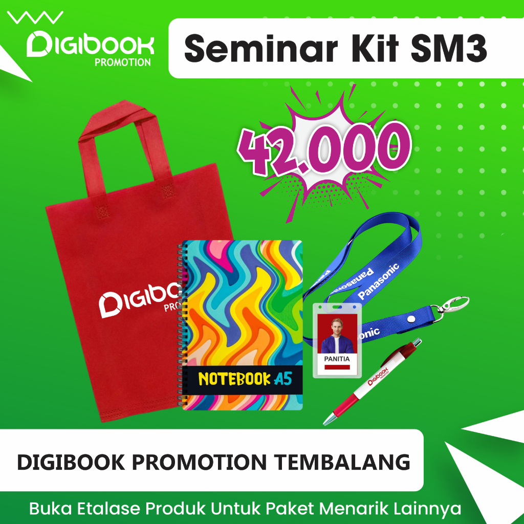 

Tas Spundbund, Notebook Spiral A5, Pulpen Sablon, Lanyard Sablon, CoCard | Custom Paket Seminar Kit Custom isi 5 | | SM3