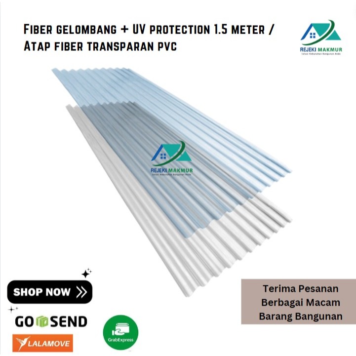 Spt3! Fiber gelombang + UV protection 1.5 meter x 80cm x 0,8mm / Atap fiber transparan & putih susu