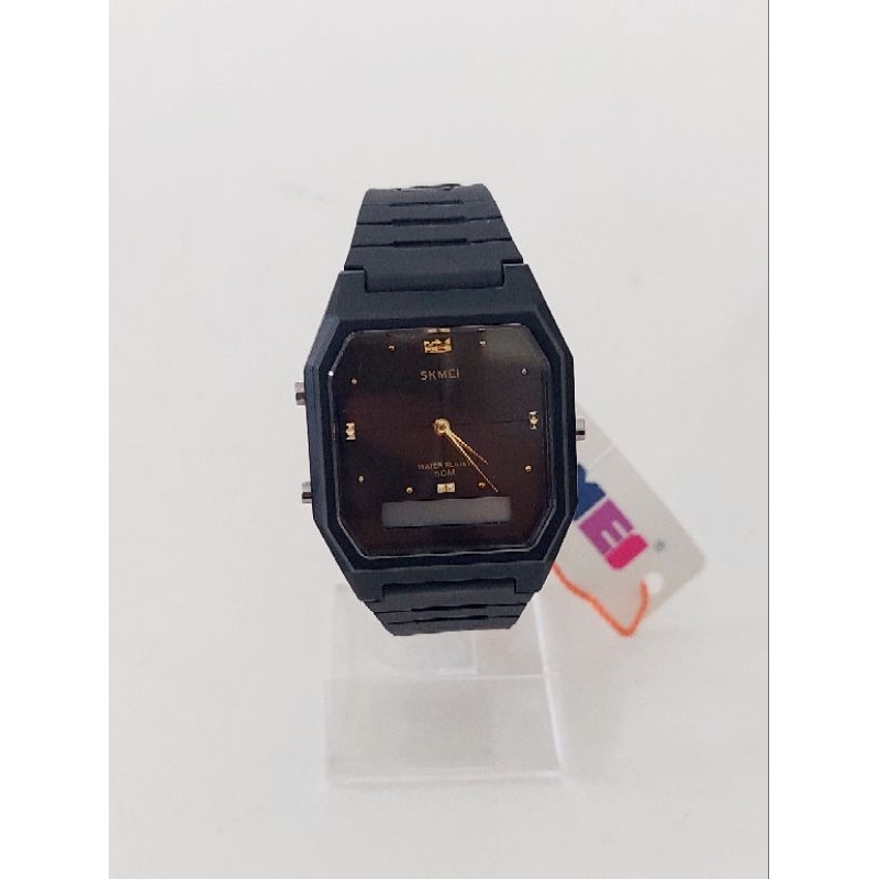 Jam Tangan Cewek Cowok Karet Model Kotak SKMEI DualTime Rubber Ori