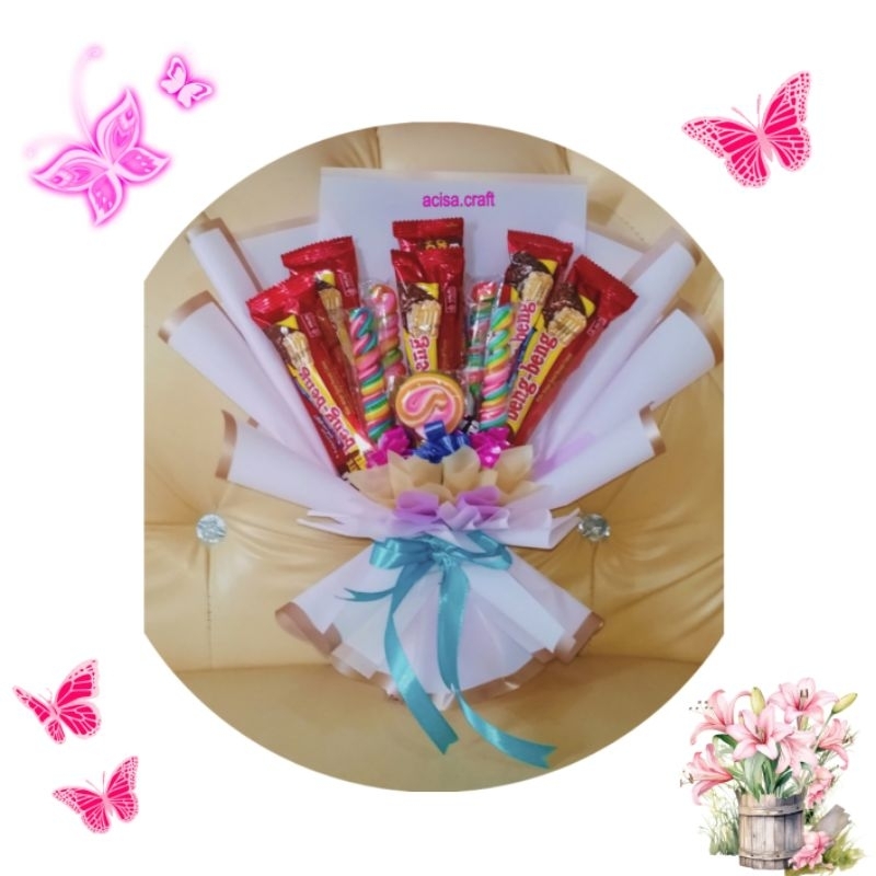 

buket snack bengbeng murah Bandung wisuda bunga artificial