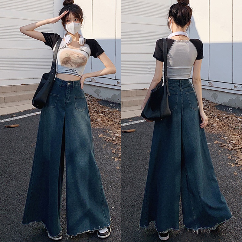 Celana Jeans Lebar Pinggang Tinggi Wanita/ Rok Longgar Lurus Melebar American Retro/ Celana Jeans Te