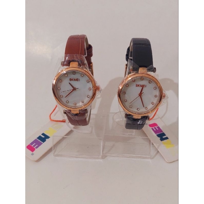 Jam Tangan Cewek Bulat Kecil SKMEI Analog Leather Hitam Coklat Ori