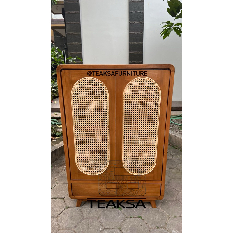 Rak Sepatu Minimalis Jati Drawer custom kombinasi rotan klasik