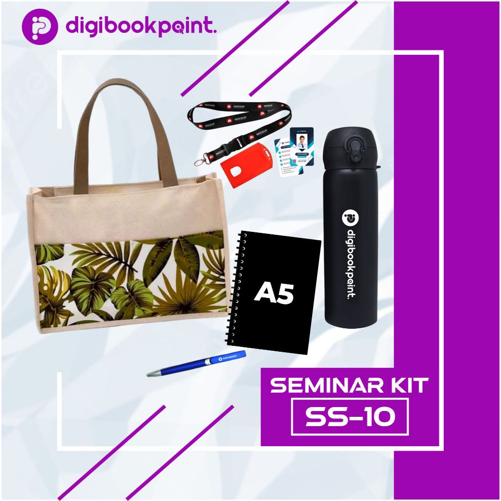 

Paket Seminar Kit Custom - Tas Tote Bag Canvas, Tumbler, Pulpen, Notebook Hardcover A5, Paket Lanyard - SS 10