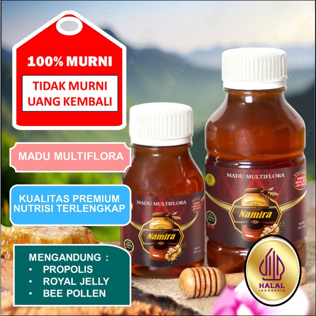 

Madu Murni NAMIRA. Madu MultiFlora Kualitas Premium. Mengandung Propolis + Royal Jelly + Bee Pollen - 740 gr